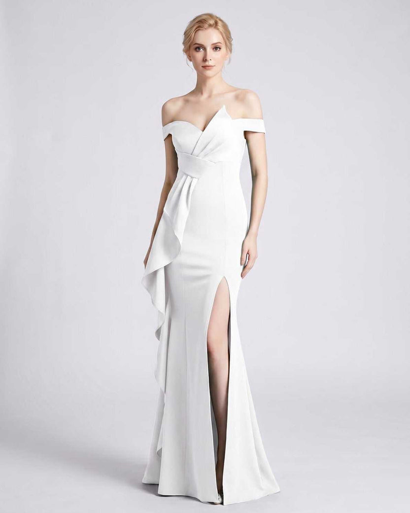 Veloura Maxi Dress by Lauven — white polyester spandex off-the-shoulder mermaid maxi dress with slit