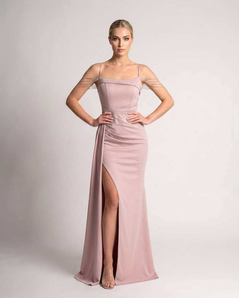 Celestia Maxi Dress by Lauven — pink polyester spaghetti strap mermaid maxi dress with beading and split