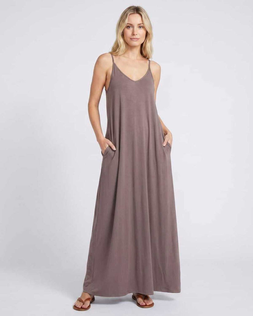 Solenne Maxi Dress by Lauven — brown soft stretch sleeveless V-neck relaxed A-line maxi dress