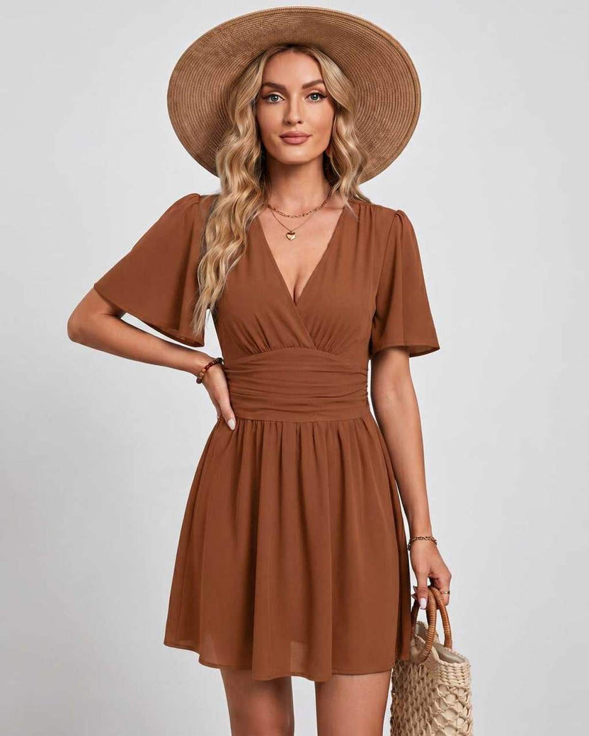 Calista Mini Dress by Lauven — brown chiffon ruffled short sleeve V-neck A-line mini dress