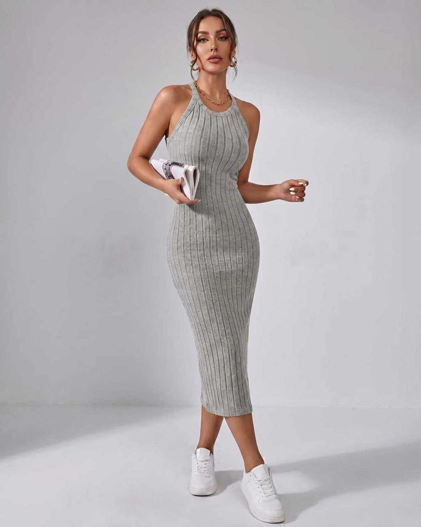 Lunara Midi Dress by Lauven — gray ribbed knit sleeveless crew neck slim-fit midi dress