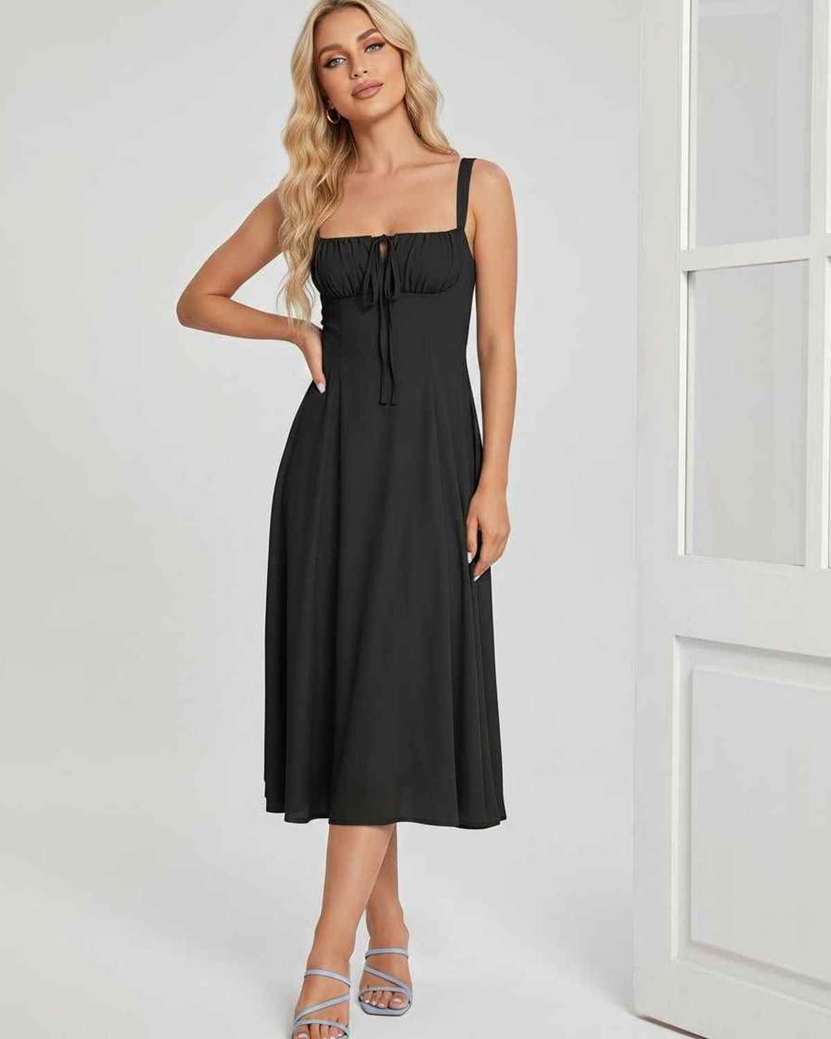 Serelune Midi Dress by Lauven — lightweight sleeveless square neck A-line midi dress