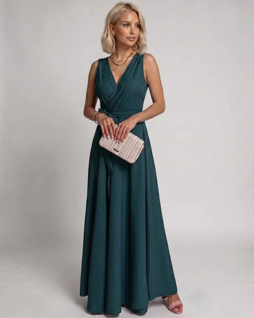 Veloura Maxi Dress by Lauven — green satin sleeveless V-neck A-line maxi dress
