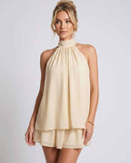 Celestia Mini Dress by Lauven — chiffon sleeveless halter neck mini dress