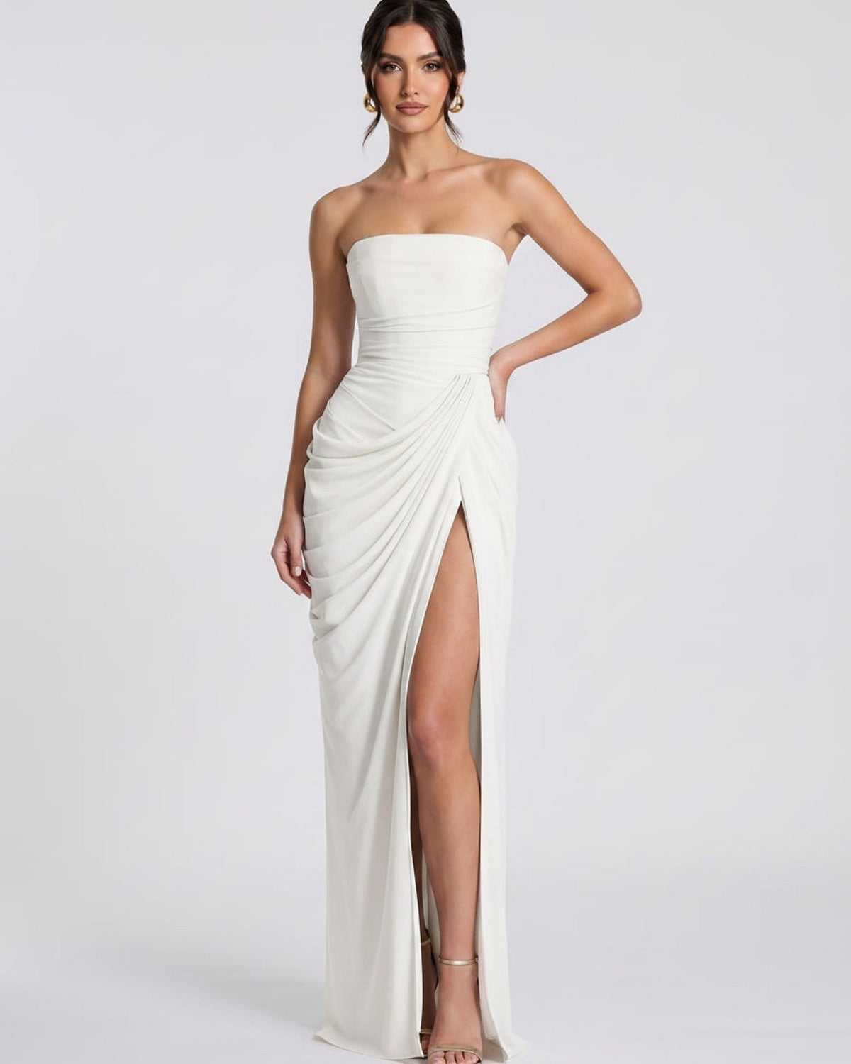 Seraphine Maxi Dress by Lauven — chiffon strapless pleated high slit maxi dress
