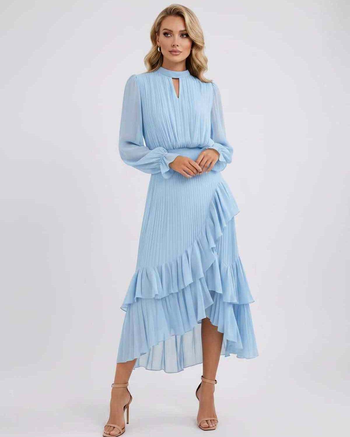 Celestia Maxi Dress by Lauven — chiffon long sleeve high neck A-line maxi dress