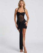 Veloura Mini Dress by Lauven — stretch mesh halter neck ruched bodycon mini dress