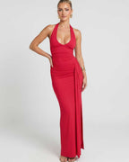 Solvienne Maxi Dress by Lauven — stretch sleeveless deep V-neck ruched maxi dress