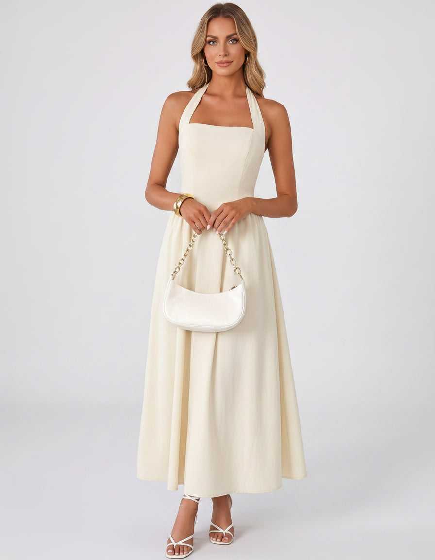 Veloura Midi Dress by Lauven — satin blend sleeveless square neck A-line midi dress