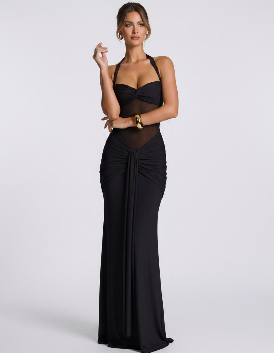 Solvane Maxi Dress by Lauven — stretch mesh sleeveless halter neck slim fit maxi dress