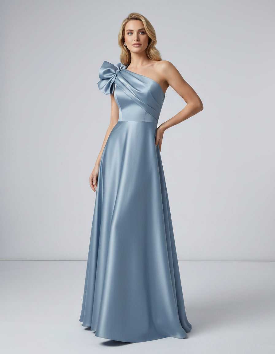 Aurevina Maxi Dress by Lauven — satin one shoulder A-line maxi dress with ruffle detail