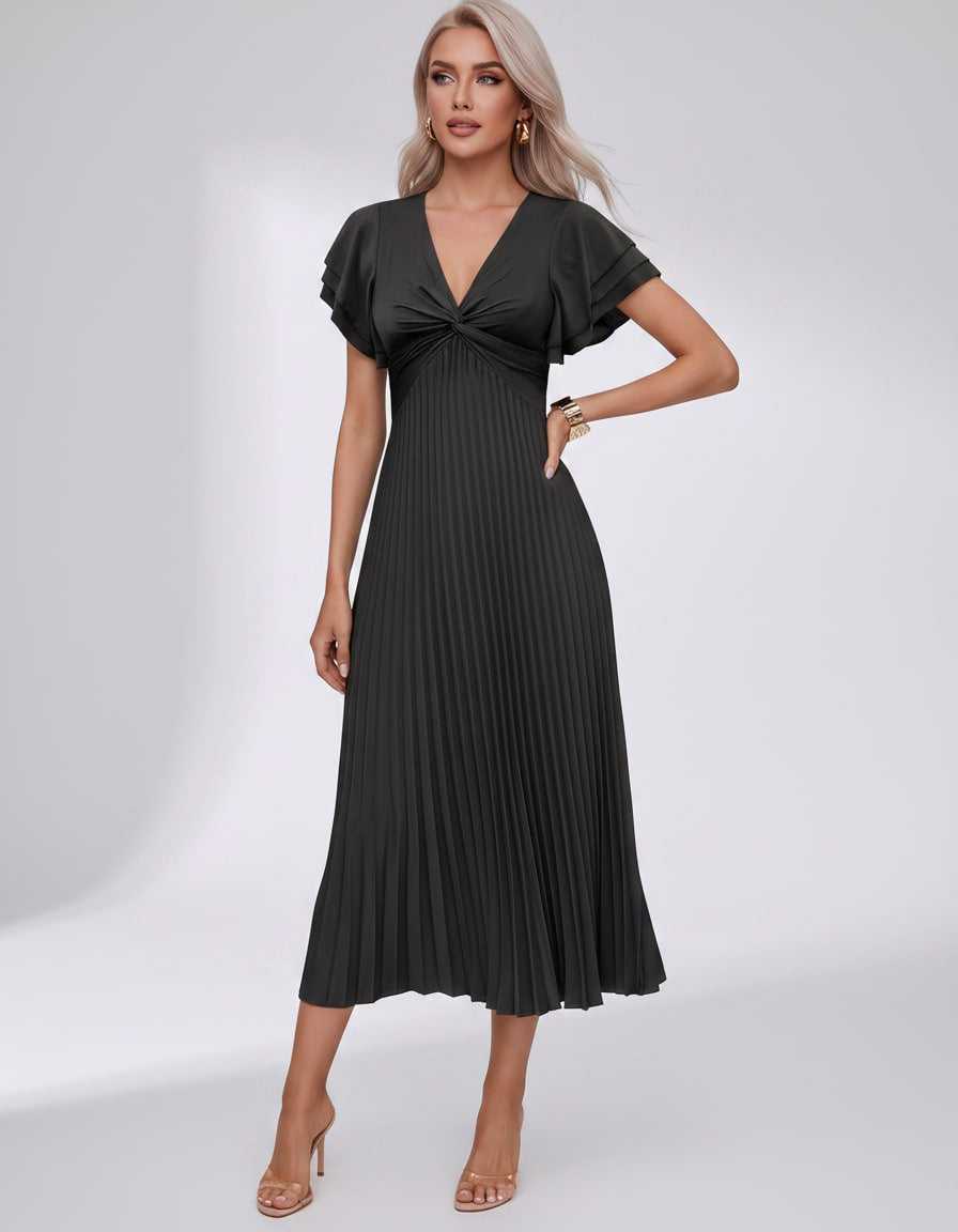 Veloura Midi Dress by Lauven — pleated chiffon flutter sleeve V-neck A-line midi dress