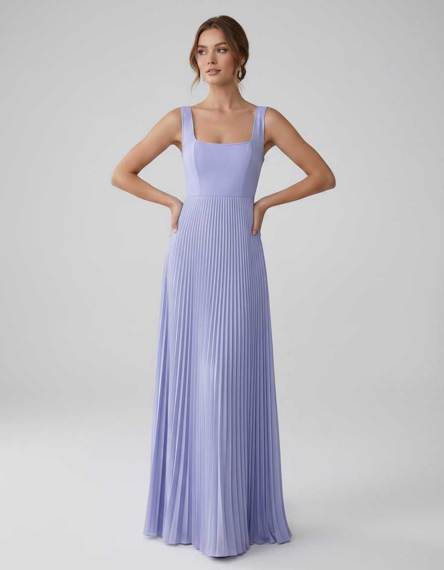 Veloura Maxi Dress by Lauven — satin chiffon sleeveless square neck pleated A-line maxi dress