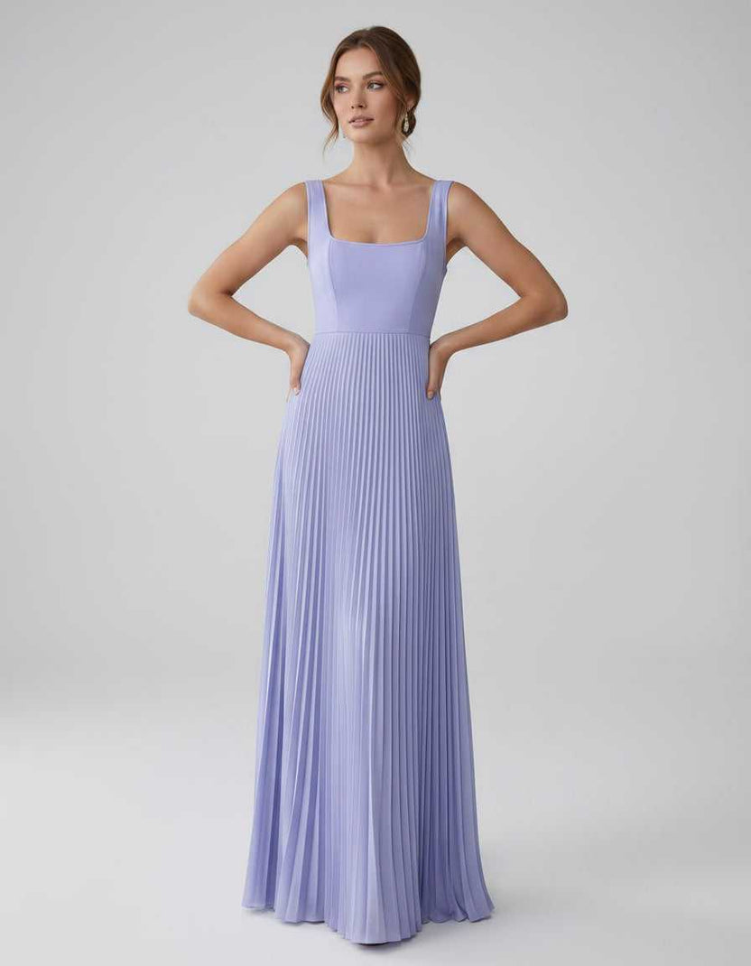 Veloura Maxi Dress by Lauven — satin chiffon sleeveless square neck pleated A-line maxi dress