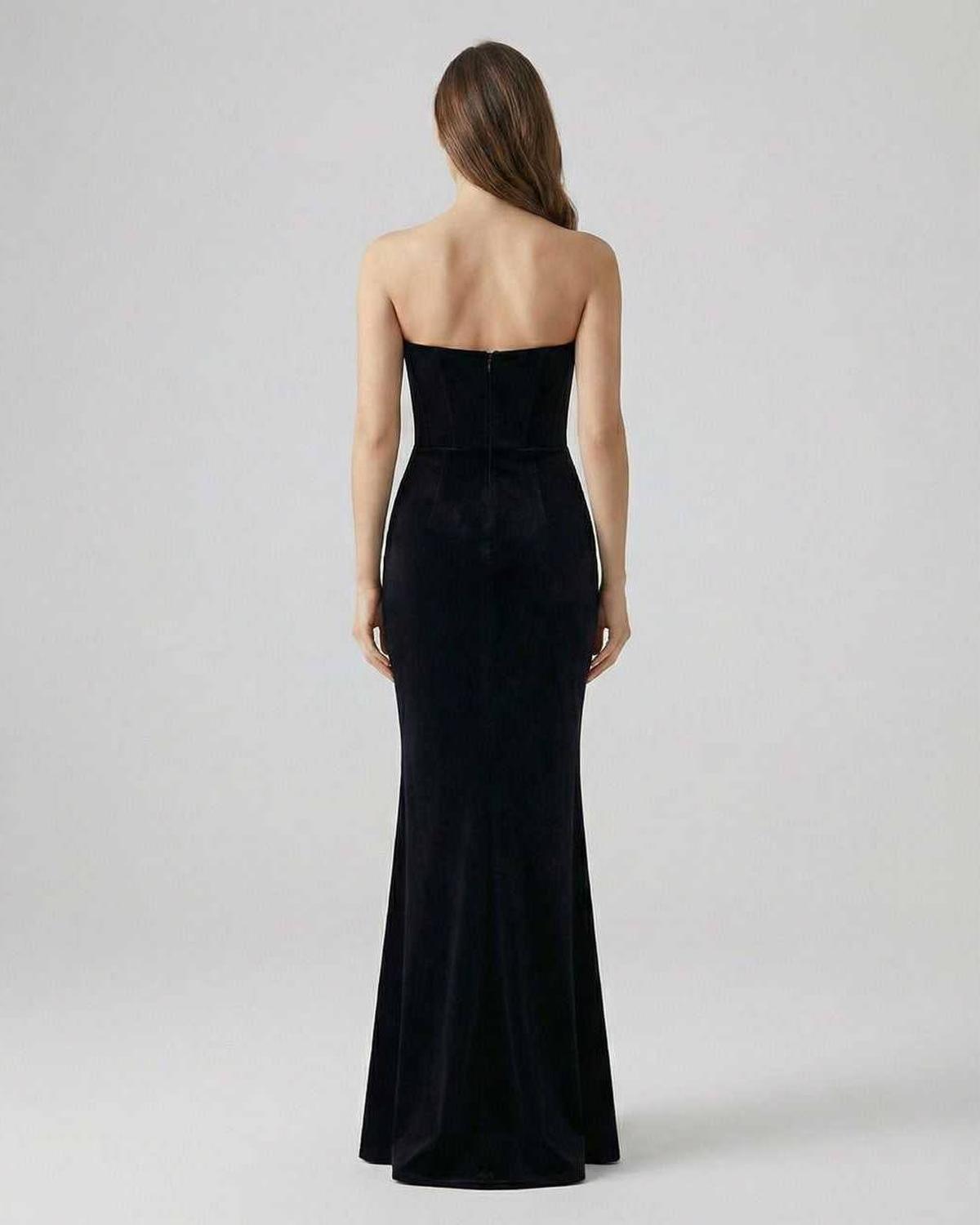 Elegant back view of the Celeste Maxi Dress by Lauven, a strapless black velvet evening gown with a timeless silhouette.