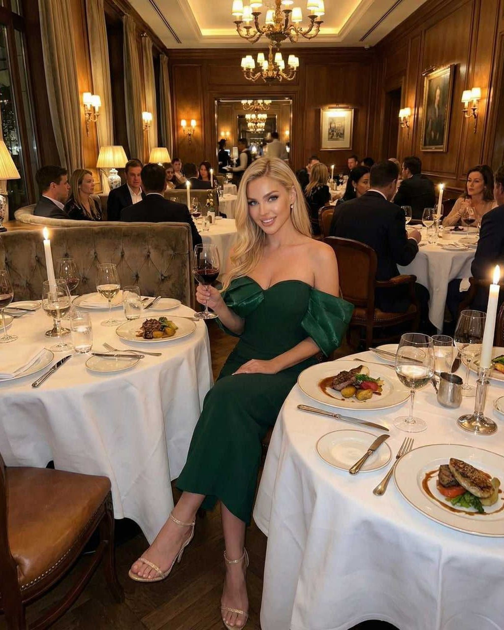 Woman wearing Verona Midi Dress by Lauven, enjoying an elegant dinner setting with sophisticated ambiance.