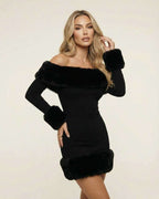 Lauven Luna Mini Dress with faux fur trim, off-shoulder design, and sleek black silhouette for autumn elegance.