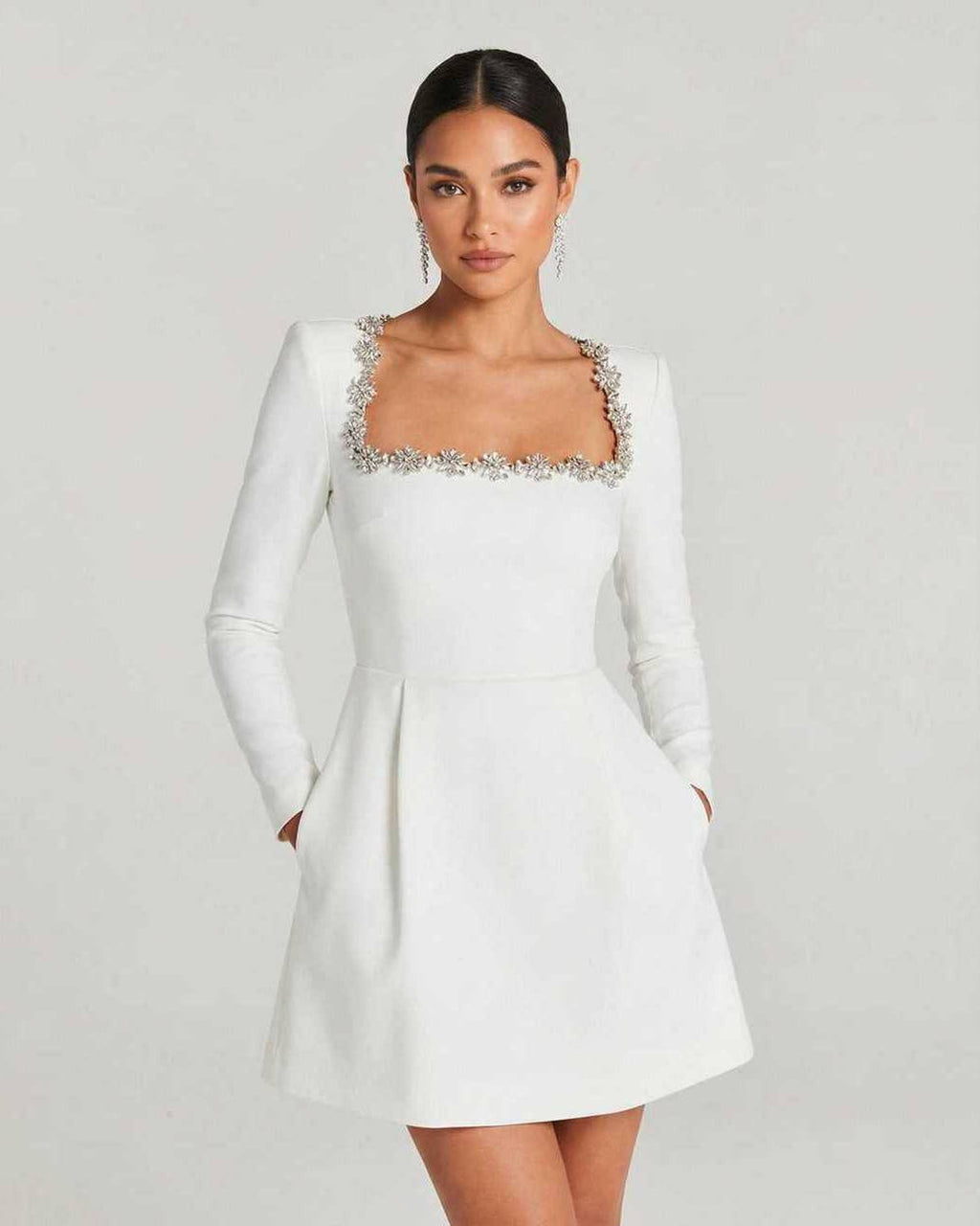 Serena Mini Dress by Lauven featuring elegant square collar and A-line silhouette, perfect for any season.