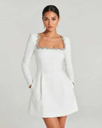 Serena Mini Dress by Lauven featuring elegant square collar and A-line silhouette, perfect for any season.