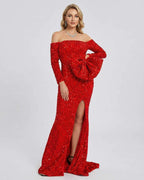 Celeste Maxi Dress by Lauven in stunning red sequin fabric featuring an off-shoulder design and elegant bow detail.