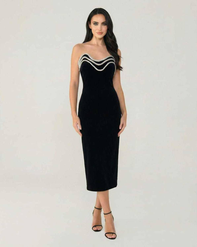 Celeste Midi Dress by Lauven, elegant strapless black velvet dress with beaded detail, perfect for formal events.