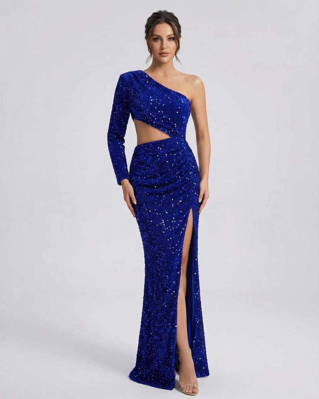 Celeste Maxi Dress by Lauven, blue velvet sequin evening gown with one-shoulder design and thigh-high slit.
