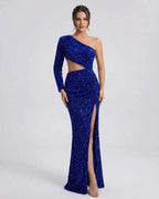 Celeste Maxi Dress by Lauven, blue velvet sequin evening gown with one-shoulder design and thigh-high slit.