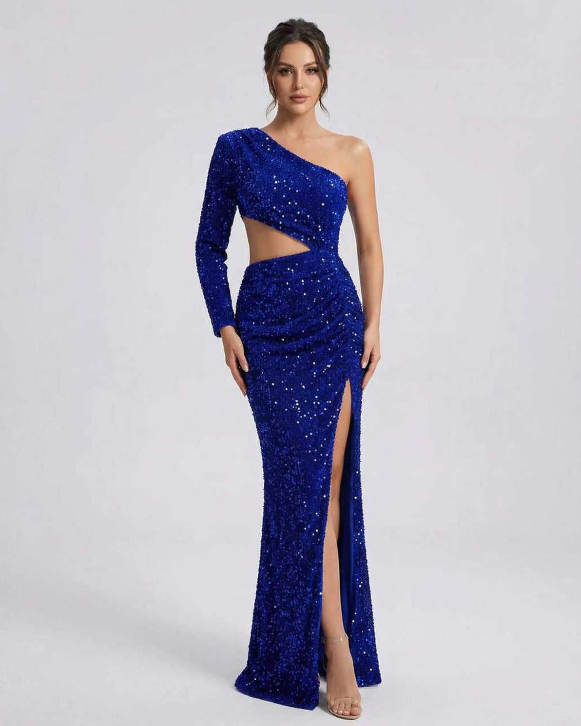 Celeste Maxi Dress by Lauven, blue velvet sequin evening gown with one-shoulder design and thigh-high slit.
