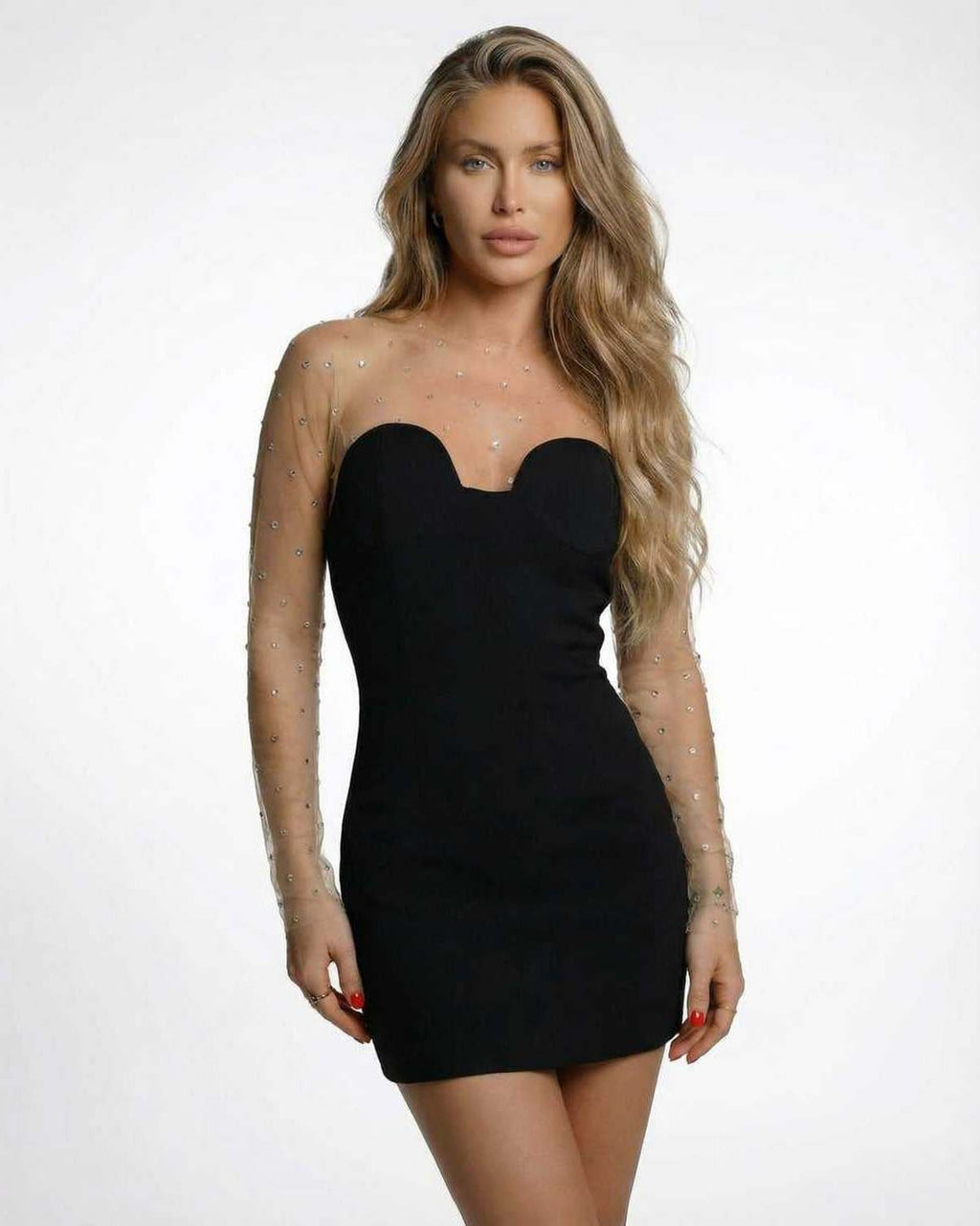 Lauven Eestella Mini Dress features sheer embellished sleeves and a sleek black silhouette for a glamorous look.