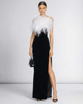 Celeste Maxi Dress by Lauven featuring a feathered halter neckline and sleek black silhouette.