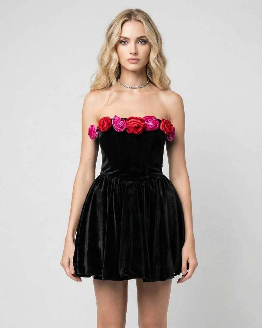 Aurora Mini Dress by Lauven - Floral strapless black velvet evening dress with vibrant appliqués.