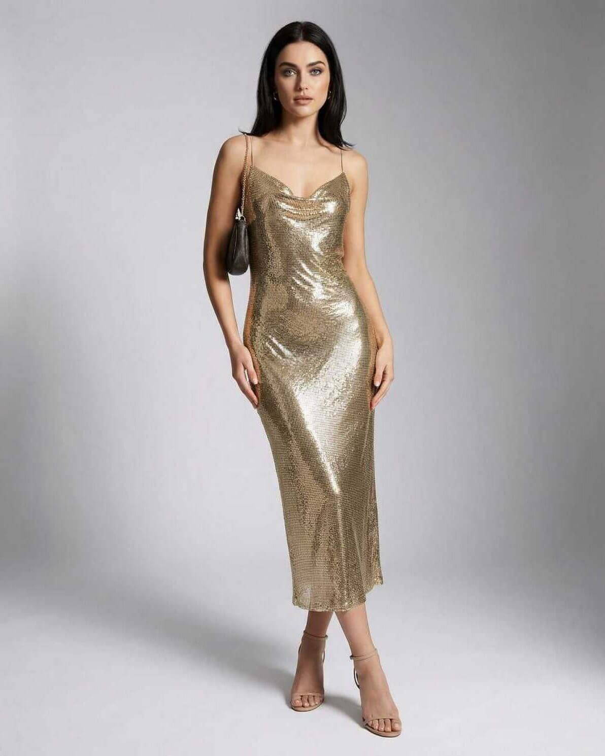 Celeste Midi Dress by Lauven – Elegant gold V-neck sheath dress with slim fit and sleeveless design.