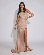 Blush Maxi Dress by Lauven - Luxurious blush sequin off the shoulder gown with feather detail and side slit.
