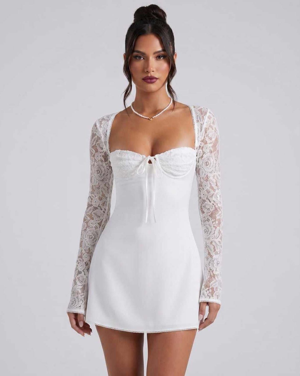 Noiré Mini Dress by Lauven — white stretch long sleeve square neck fitted mini dress with lace sleeves