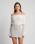 Elara Mini Dress by Lauven — white textured knit long bell sleeve off-shoulder fitted mini dress