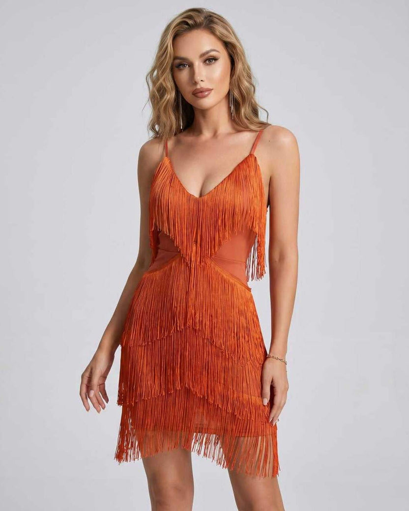 Lunara Mini Dress by Lauven — orange fringe sleeveless V-neck fitted mini dress with straps