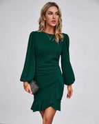 Virelle Mini Dress by Lauven — green long sleeve round neck fitted mini dress with ruffle hem