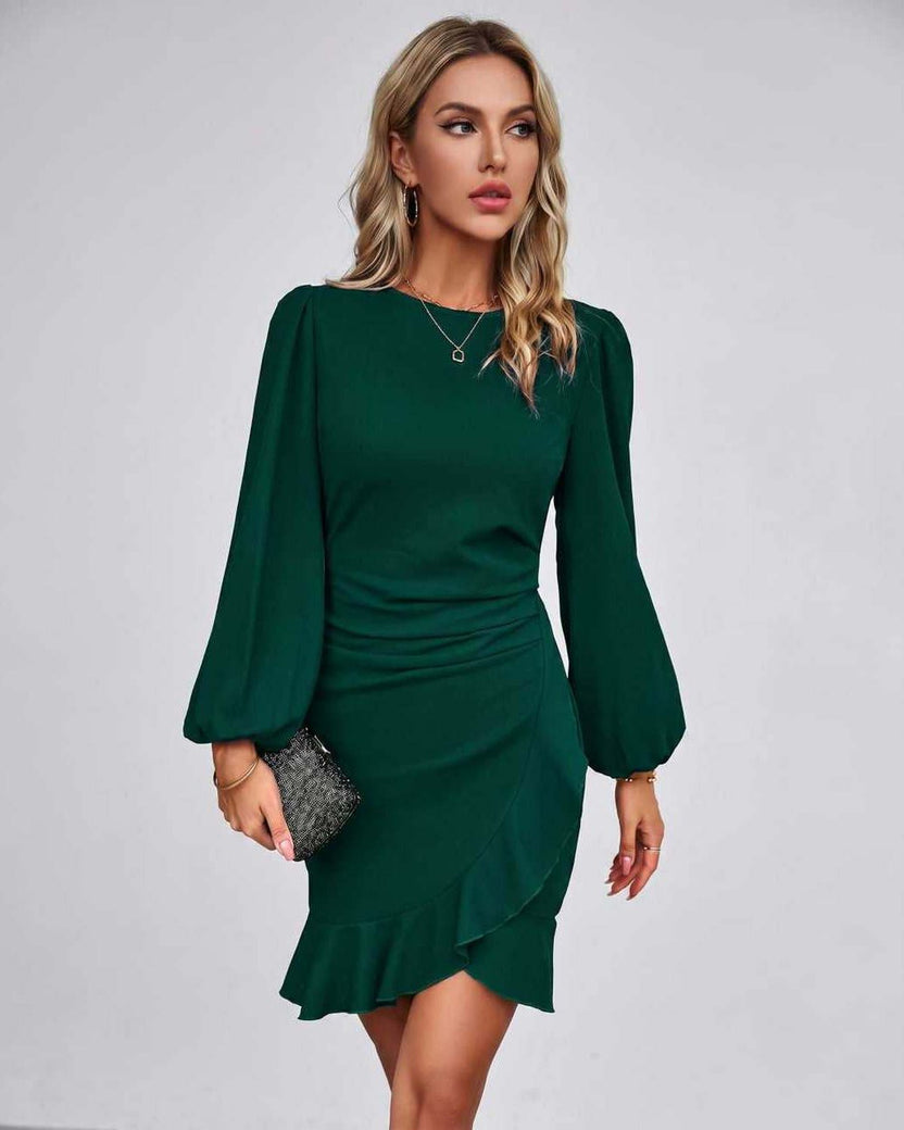 Virelle Mini Dress by Lauven — green long sleeve round neck fitted mini dress with ruffle hem