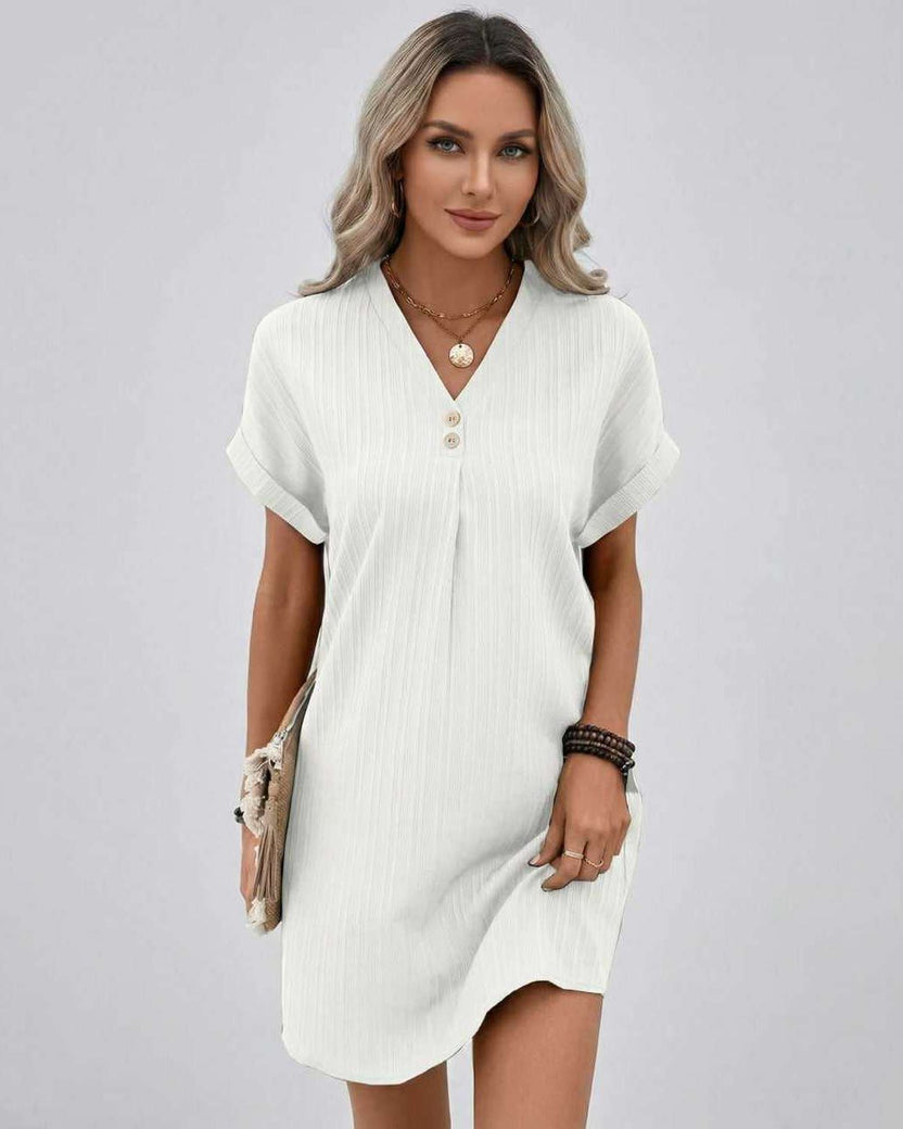 Lunelle Mini Dress by Lauven — white textured short sleeve V-neck relaxed mini dress