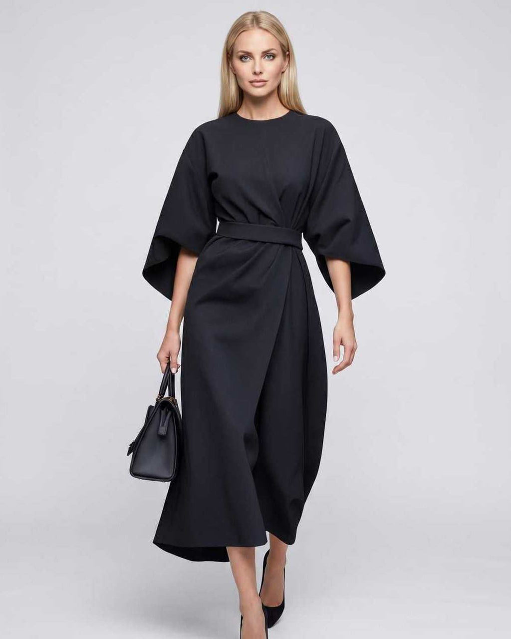 Celest Midi Dress by Lauven — black breathable fabric lantern sleeve crew neck belted wrap midi dress