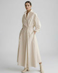 Aurelia Midi Dress by Lauven — beige breathable fabric long sleeve stand collar belted A-line midi dress