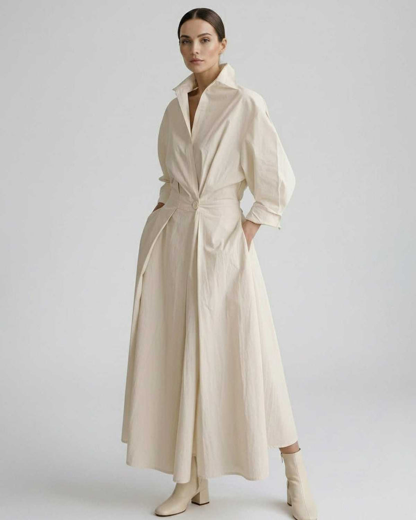 Aurelia Midi Dress by Lauven — beige breathable fabric long sleeve stand collar belted A-line midi dress