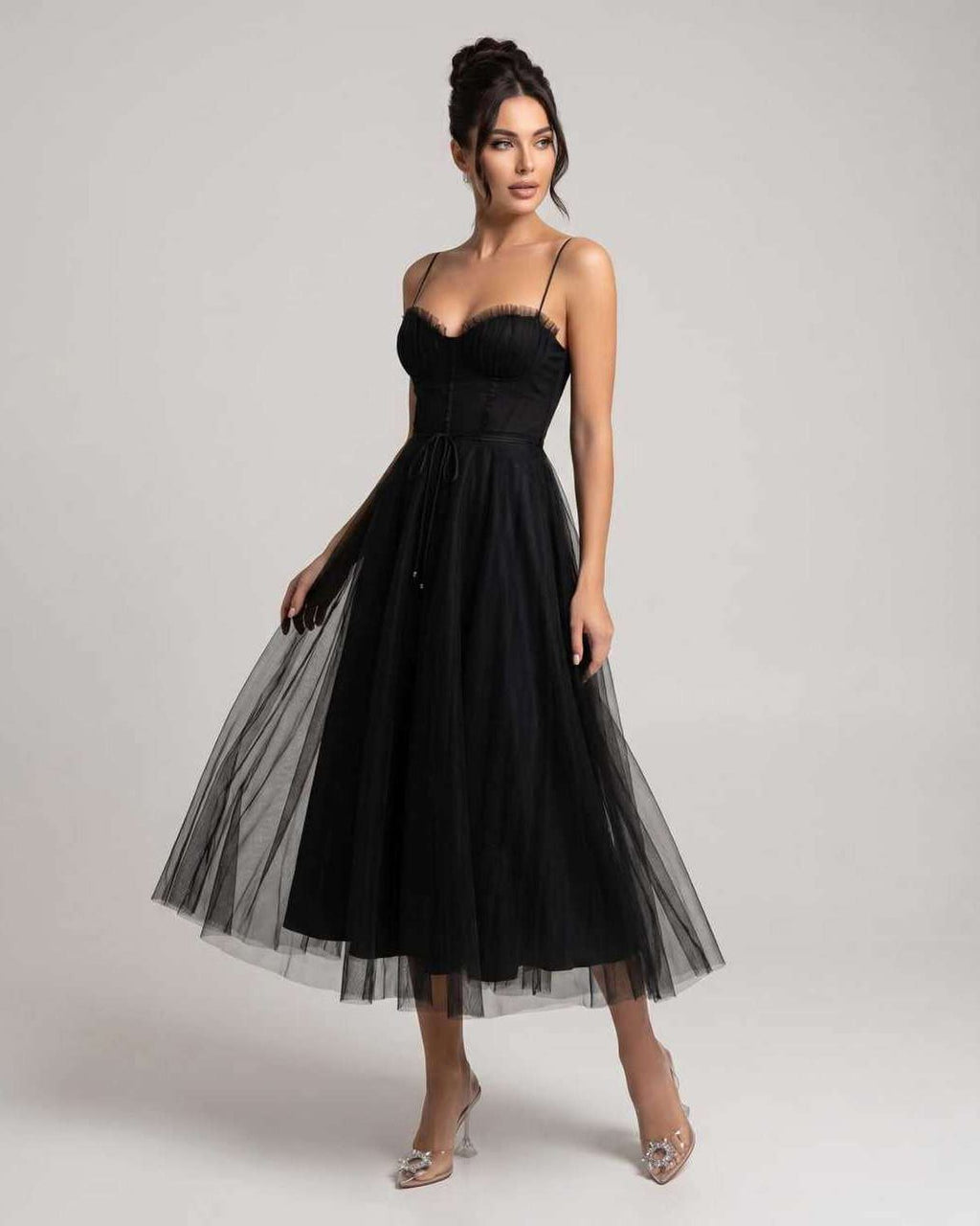 Elara Midi Dress by Lauven — black tulle sleeveless sweetheart neck structured bodice midi dress