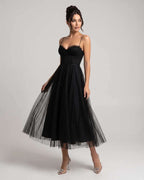 Elara Midi Dress by Lauven — black tulle sleeveless sweetheart neck structured bodice midi dress