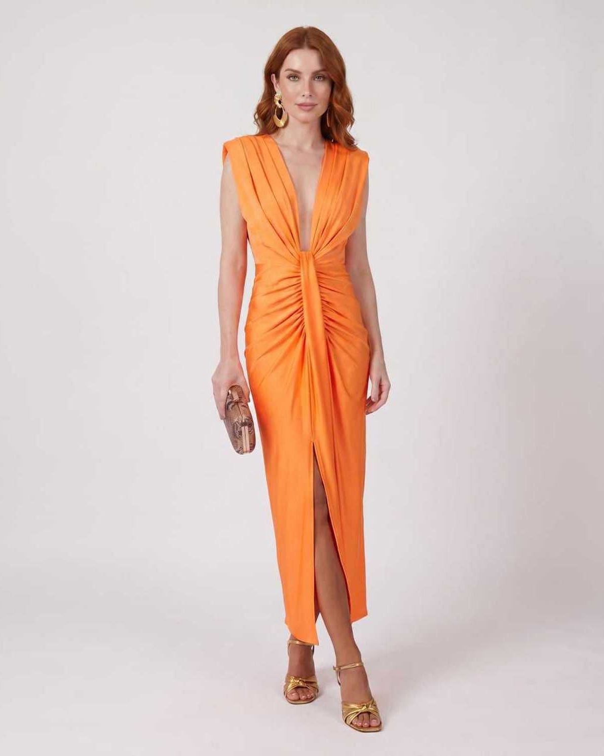 Aurelle Maxi Dress by Lauven — orange lightweight sleeveless deep v neck fitted maxi dress with pleats and slit