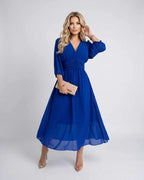 Veloura Midi Dress by Lauven — blue lightweight chiffon three quarter sleeve v neck A-line midi dress