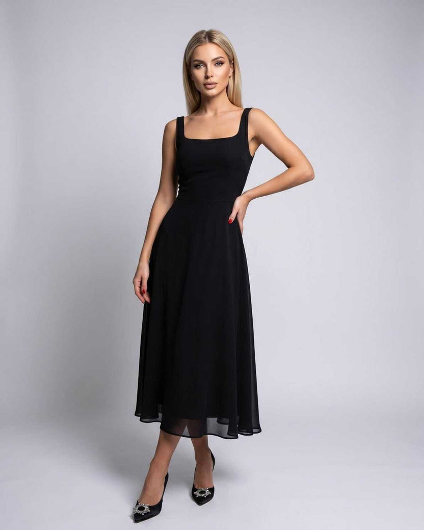 Lunara Midi Dress by Lauven — black lightweight chiffon sleeveless square neck A-line midi dress