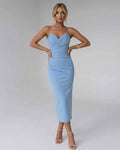 Serelle Midi Dress by Lauven — blue smooth stretch strapless sweetheart neck fitted midi dress