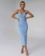Serelle Midi Dress by Lauven — blue smooth stretch strapless sweetheart neck fitted midi dress