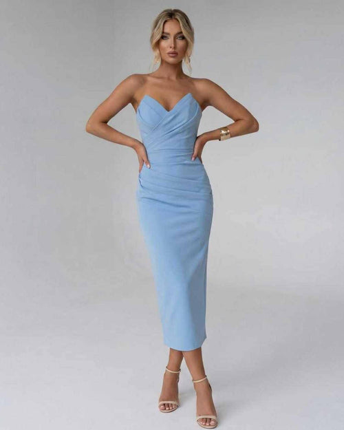 Serelle Midi Dress by Lauven — blue smooth stretch strapless sweetheart neck fitted midi dress